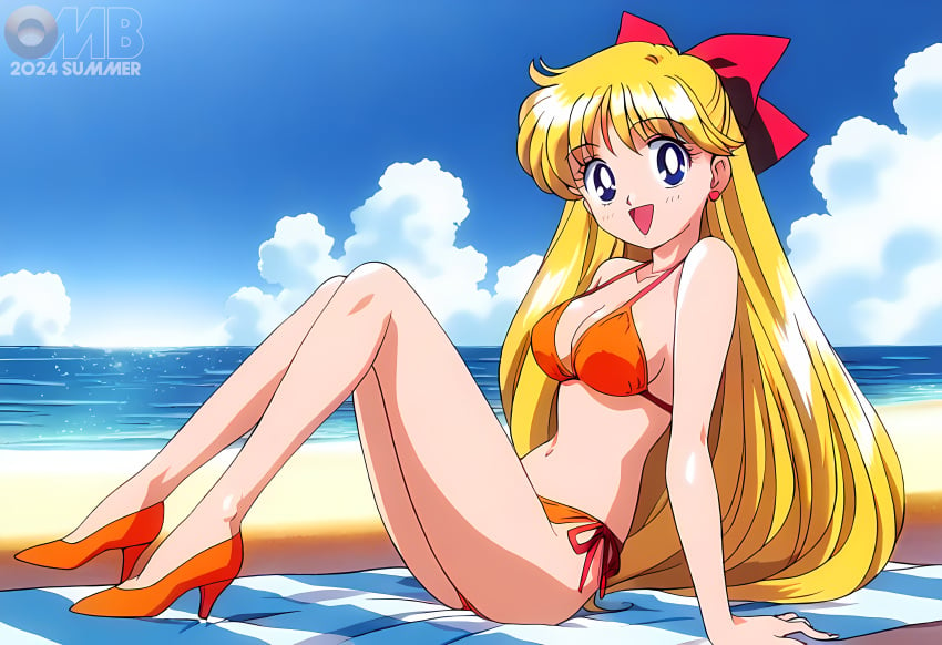 1girls accurate_art_style alluring beach bikini bishoujo_senshi_sailor_moon blue_sky cleavage high_heels legs medium_breasts michael_benson minako_aino ocean pin_up