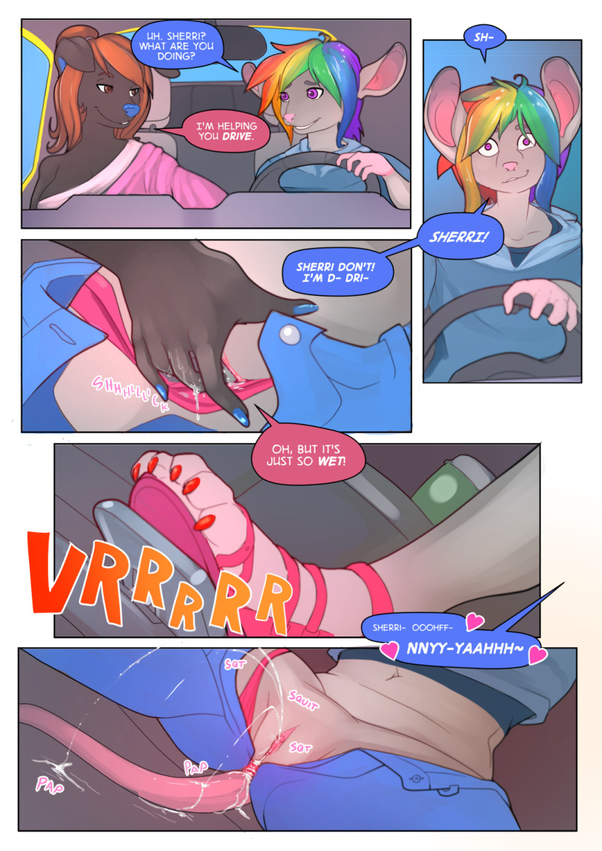 big_breasts breasts car comic corablue dani_taylor dialogue driving duo english_text female fur green_hair hair mammal mouse multicolored_hair nipples open_mouth orange_hair orgasm purple_hair pussy pussy_ejaculation pussy_juice rainbow_hair red_hair rodent sandals sherri_mayim text vehicle yuri