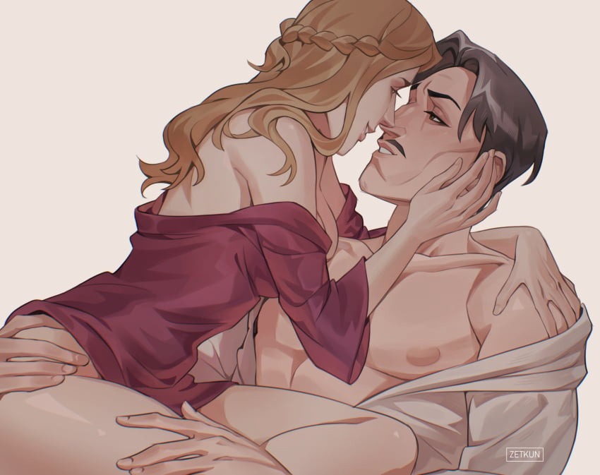 1boy1girl blonde_hair cuddling dragon_age dragon_age_the_veilguard emmrich_volkarin female looking_at_partner male moustache older_man_and_younger_girl partially_clothed rook_(dragon_age) salt_and_pepper_hair zetkun