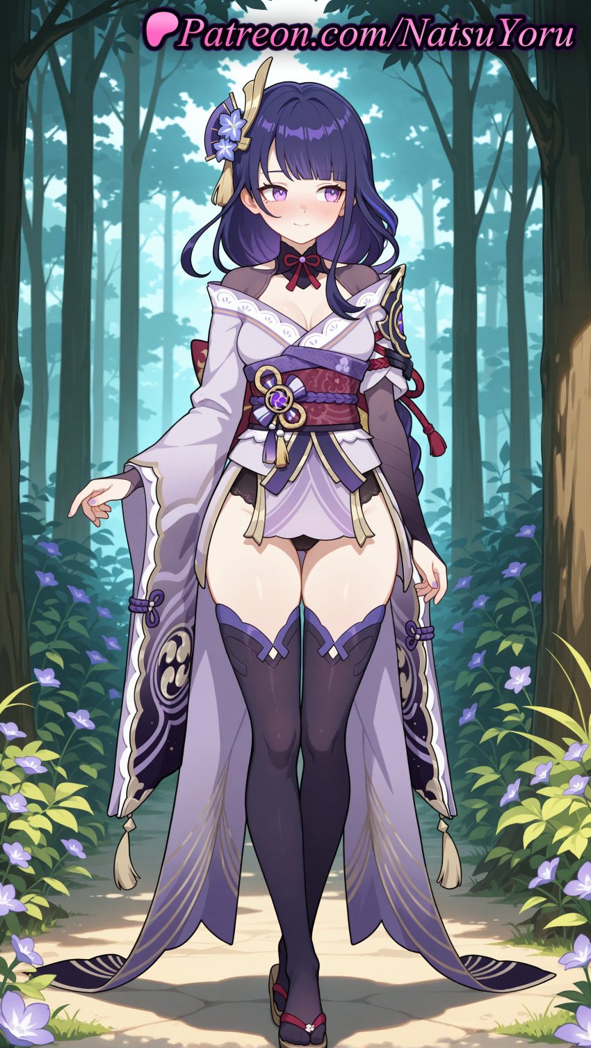 1girls ai_generated anime anime_style armor ass_visible_through_thighs averting_eyes bangs black_panties black_thighhighs blunt_bangs blush braid braided_ponytail breasts bridal_gauntlets bush bust busty cleavage closed_mouth day female female_focus female_only flower flowers forest full_body genshin_impact hair_flower hair_ornament hi_res high_quality high_resolution highres japanese_clothes kimono large_breasts long_hair long_sleeves looking_at_viewer looking_to_the_side medium_breasts mitsudomoe_(shape) mole mole_under_eye nail_polish natsuyoru nature obi obiage obijime off_shoulder outdoors panties patreon purple_eyes purple_flower purple_hair purple_kimono purple_nails purple_thighhighs raiden_shogun sandals sash short_kimono shoulder_armor shrug_(clothing) smile solo solo_female standing tabi tassel thigh_gap thighhighs thighs tied_hair tomoe_(symbol) tree underwear vision_(genshin_impact) voluptuous voluptuous_female wafuku walking watson_cross wide_sleeves zouri