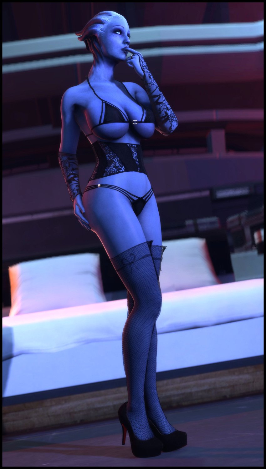 asari bed bedroom bedroom_eyes black_lingerie black_stockings black_thong boobs bra bracers cleavage finger_in_mouth foab30 high_heels inviting_to_sex large_breasts liara_t'soni lingerie looking_at_viewer mass_effect seductive sheer sheer_legwear stockings thong underboob waist_cincher