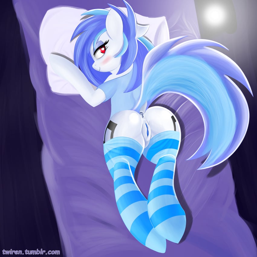 anus ass bed blush clothed clothing equine female friendship_is_magic hair horn legwear mammal my_little_pony pussy red_eyes smile solo stockings twiren unicorn vinyl_scratch_(mlp)