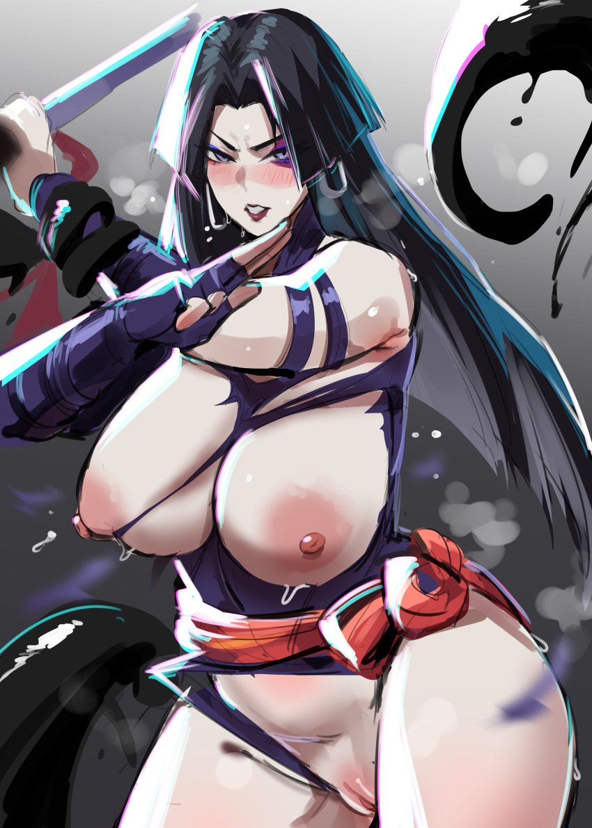 2d absurdres black_hair blue_leotard breasts elbow_gloves female gloves highleg highleg_leotard highres holding holding_sword holding_weapon kurenaiz1 kurenaiz_(kuayrenaiz) large_breasts leotard long_hair looking_at_viewer marvel marvel_rivals nipples psylocke purple_eyes pussy sash solo superhero_costume sword torn_clothes torn_leotard vengeance_psylocke weapon x-men