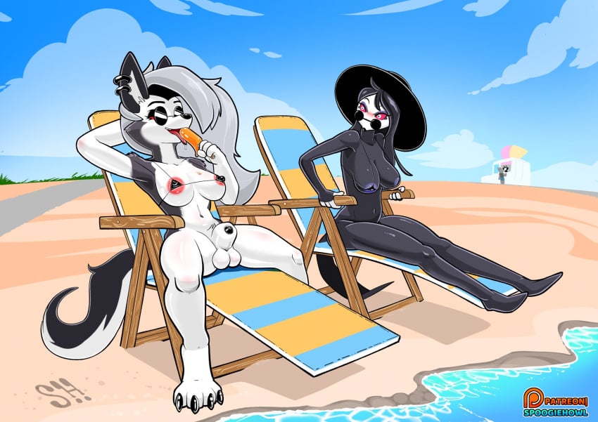 1futa 1girls anthro beach bikini bikini_top blush bottomless exhibitionism furry futanari half_naked helluva_boss loona_(helluva_boss) octavia_(helluva_boss) outdoor_nudity outdoors spoogiehowl