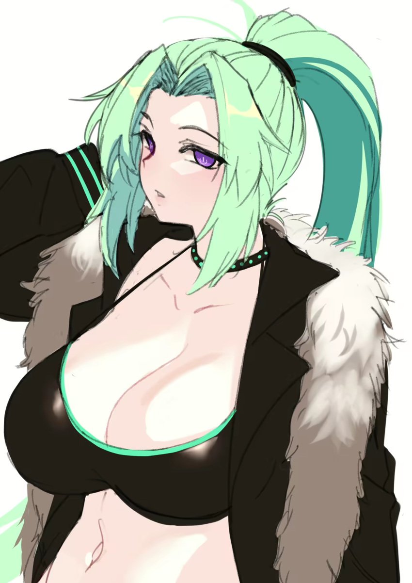 1girls arm_behind_head big_breasts blush bra breasts busty cleavage collar collarbone earrings female female_only green_hair green_heart highres jewelry large_breasts looking_at_viewer midriff navel neptunia_(series) nyamota nyamota_(artist) pants parted_lips ponytail purple_eyes seductive seductive_look sensual solo underwear vert voluptuous