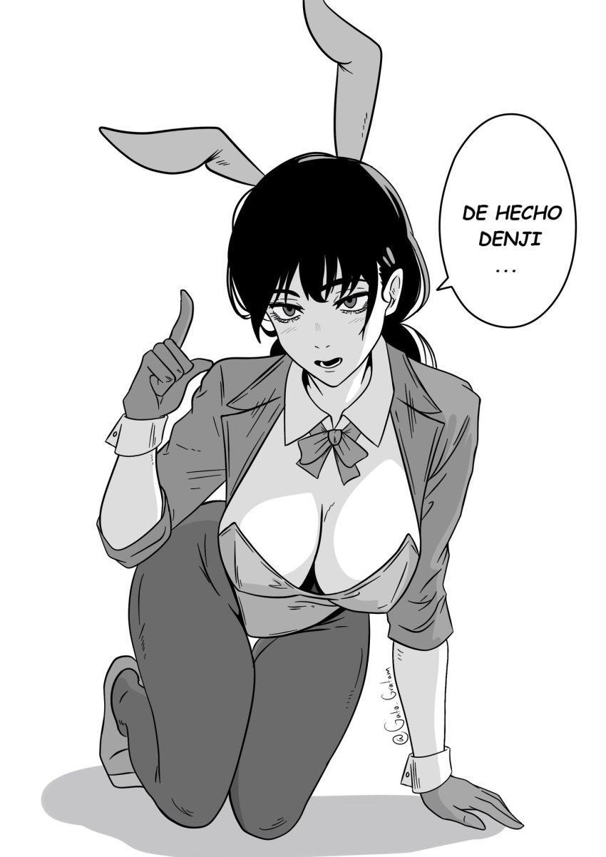 animal_ears big_breasts black_and_white black_hair breasts bunny_ears bunnysuit chainsaw_man clothed_female dialogue female female_only gato_gratam leotard mentioned_character mitaka_asa nerdy_female playboy_bunny spanish_text