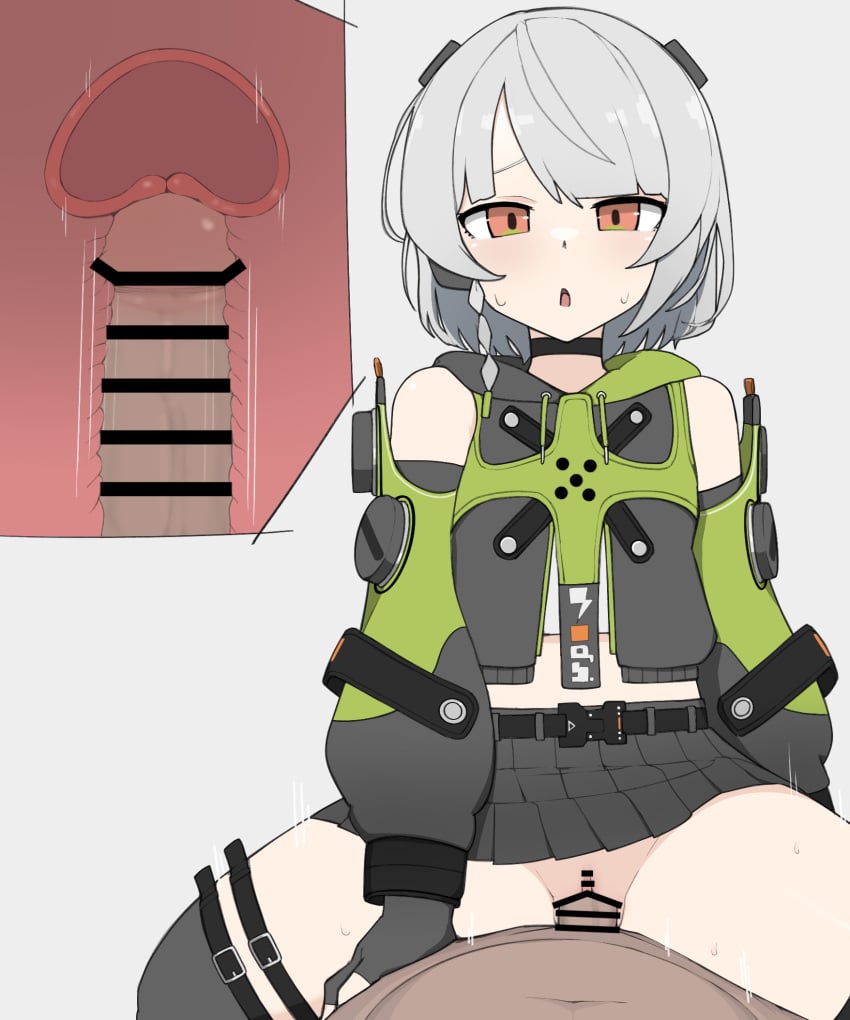 1boy anby_demara choker cowgirl_position female fully_clothed no_panties penis pointless_censoring quinua skirt white_hair womb x-ray_camera zenless_zone_zero