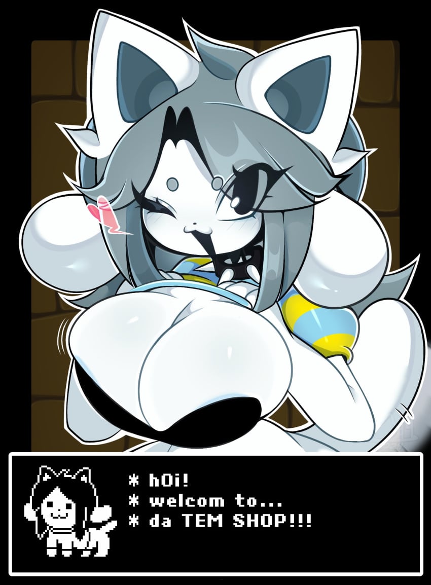 1girls 2024 anthro big_breasts bra breasts collar curly_hair dialogue ear eyelashes female front_view grey_hair huge_breasts long_hair muff1n shirt_lift spiked_collar striped_clothing striped_shirt tail tem temmie temmie_(undertale) text_box topwear undertale undertale_(series) white_body white_fur white_skin wink