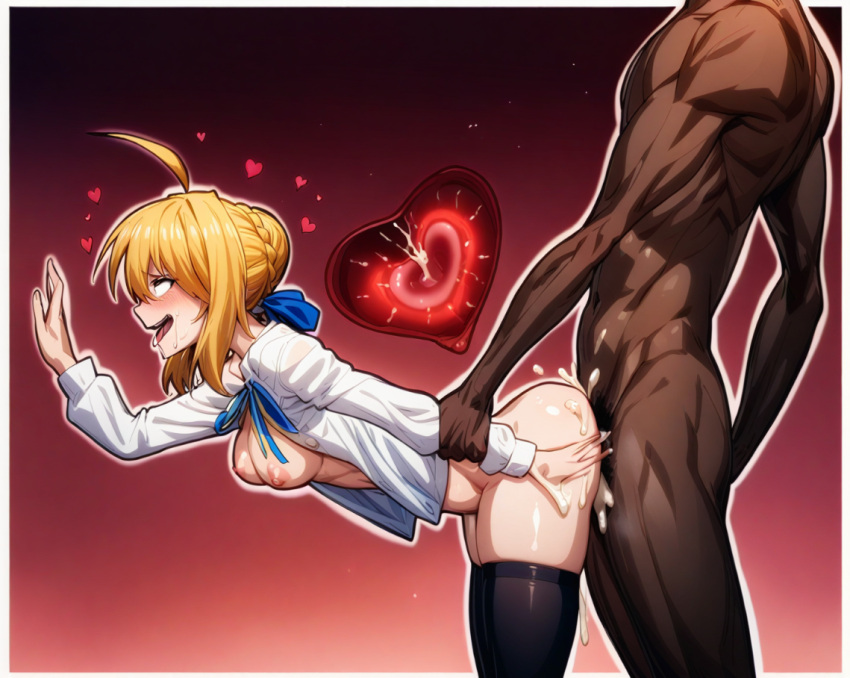 1girls ahe_gao ai_assisted aima_zero arm_grab artoria_pendragon black_legwear black_thighhighs blonde_hair blush breasts cheating clothing cum cum_in_pussy cum_inside dark-skinned_male fate/stay_night fate_(series) female from_behind impregnation interracial male netorare nipples open_mouth ovum ovum_deformation penetration penis petite saber servant sex shirt short_hair smile spread_legs thighhighs vaginal_penetration white_shirt x-ray