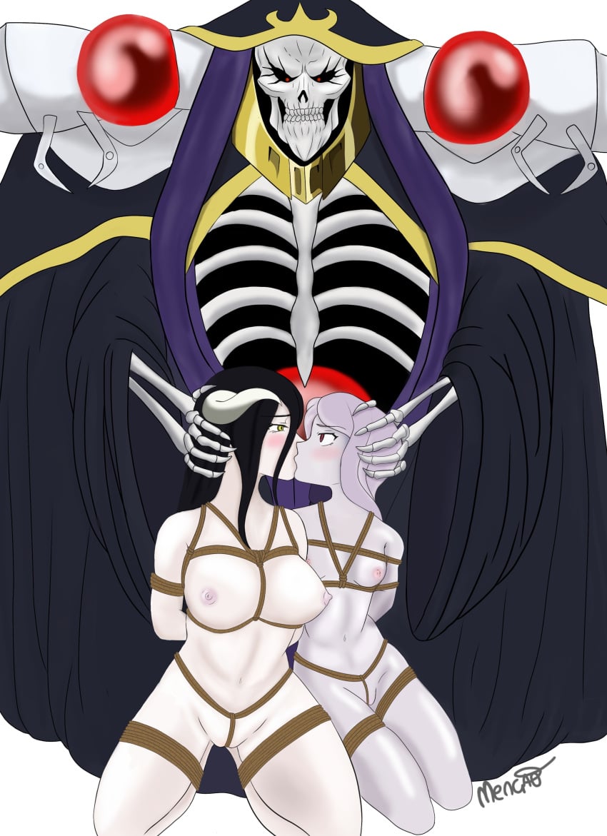 1male 2girls ainz_ooal_gown albedo_(overlord) big_breasts black_hair bondage breasts demon_girl demon_horns embarrassed forced forced_kiss forced_partners forced_yuri horns kissing looking_at_partner mengao nipples overlord_(maruyama) pale_skin rope_bondage shalltear_bloodfallen simple_background skeleton submissive thick_thighs tiny_breasts vampire vampire_girl yuri