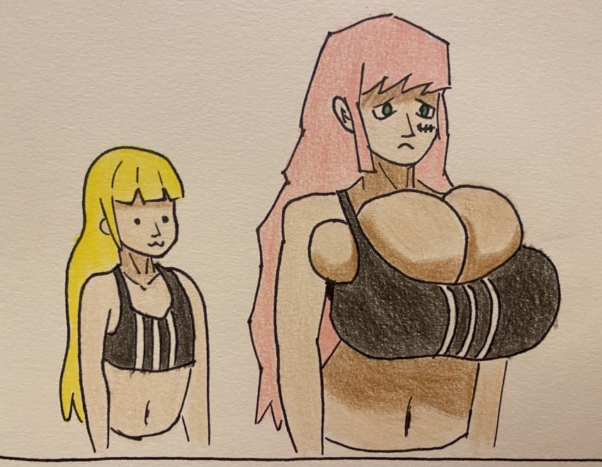 blonde_hair bra breast_spill huge_breasts large_breasts lmao magia_sulphur mahou_shoujo_ni_akogarete massive_breasts medium_support_(meme) meme mob_face obi_almighty pink_hair sister_gigant size_comparison size_difference small_breasts sports_bra tenkawa_kaoruko tight_clothing tight_fit traditional_art traditional_media traditional_media_(artwork) underboob