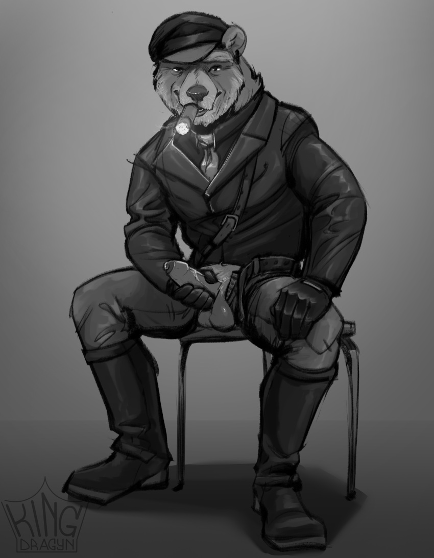 absurd_res anthro balls bear boots cigar clothing ear_piercing footwear genitals gloves handwear hi_res humanoid_genitalia humanoid_penis kingdragyn kinktober leather leather_clothing looking_at_viewer male mammal masturbation mature_male penis piercing shoes smoking solo ursine