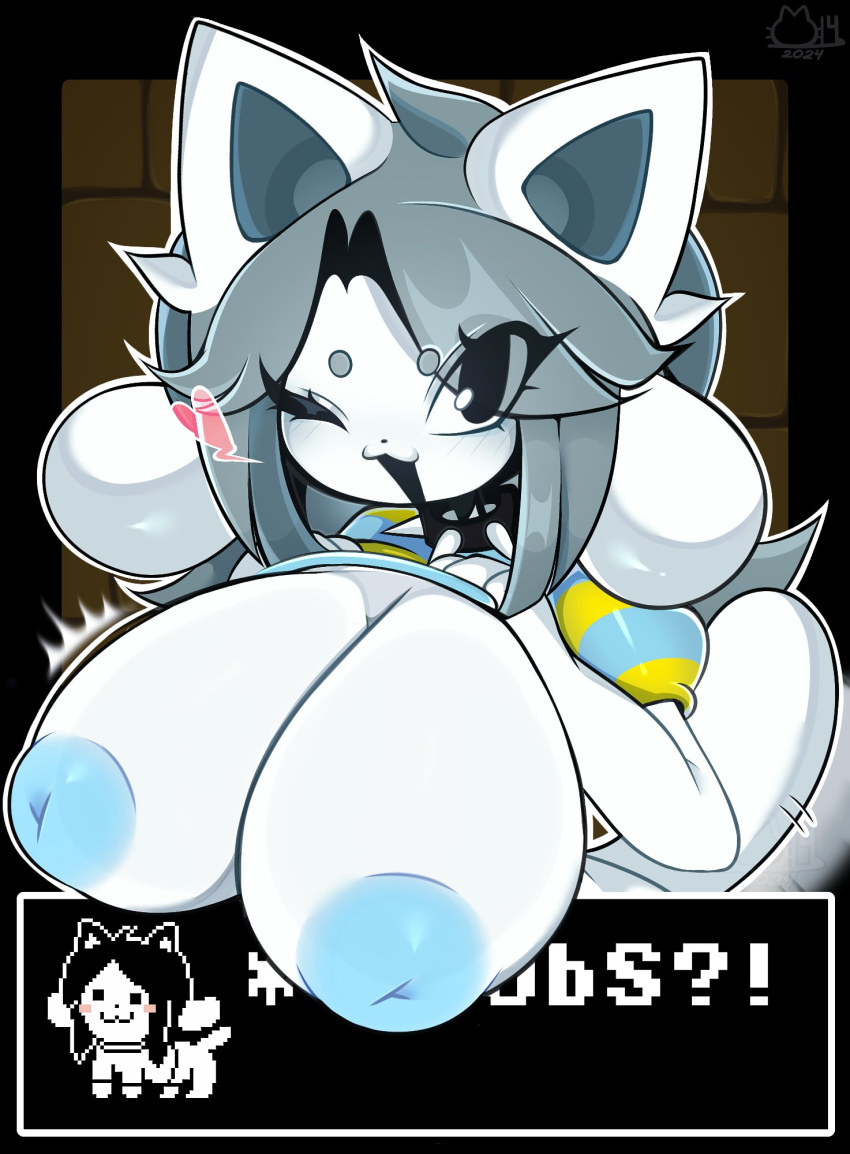 1girls 2024 anthro areolae big_breasts blue_areolae blue_nipples blush breasts collar curly_hair dialogue ear exposed_breasts eyelashes female front_view grey_hair huge_breasts long_hair muff1n nipples shirt_lift spiked_collar striped_clothing striped_shirt tail tem temmie temmie_(undertale) text_box topwear undertale undertale_(series) white_body white_fur white_skin wink