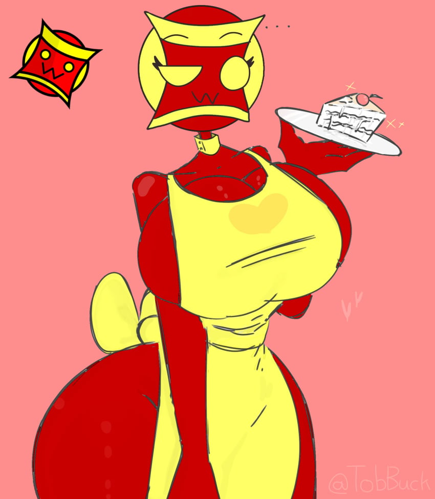 1girls anthro apron_only big_ass big_breasts big_butt cake cube_132_(geometry_dash) geometry_dash huge_breasts owo red_body self_upload tobbuck yellow_clothing