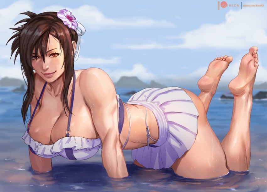 1girls all_fours ass beach big_ass big_breasts bikini bikini_skirt breasts brown_hair cleavage feet_up female final_fantasy final_fantasy_vii final_fantasy_vii_remake flower frilled_bikini frilled_bikini_top frills hair_flower hair_ornament huge_breasts kasai_x3 lejeanx3 looking_at_viewer official_alternate_costume official_alternate_hairstyle partially_submerged smile solo swimsuit thick_thighs thong_bikini tifa_lockhart tifa_lockhart_(shining_spirit) toes toned_female water wet white_bikini