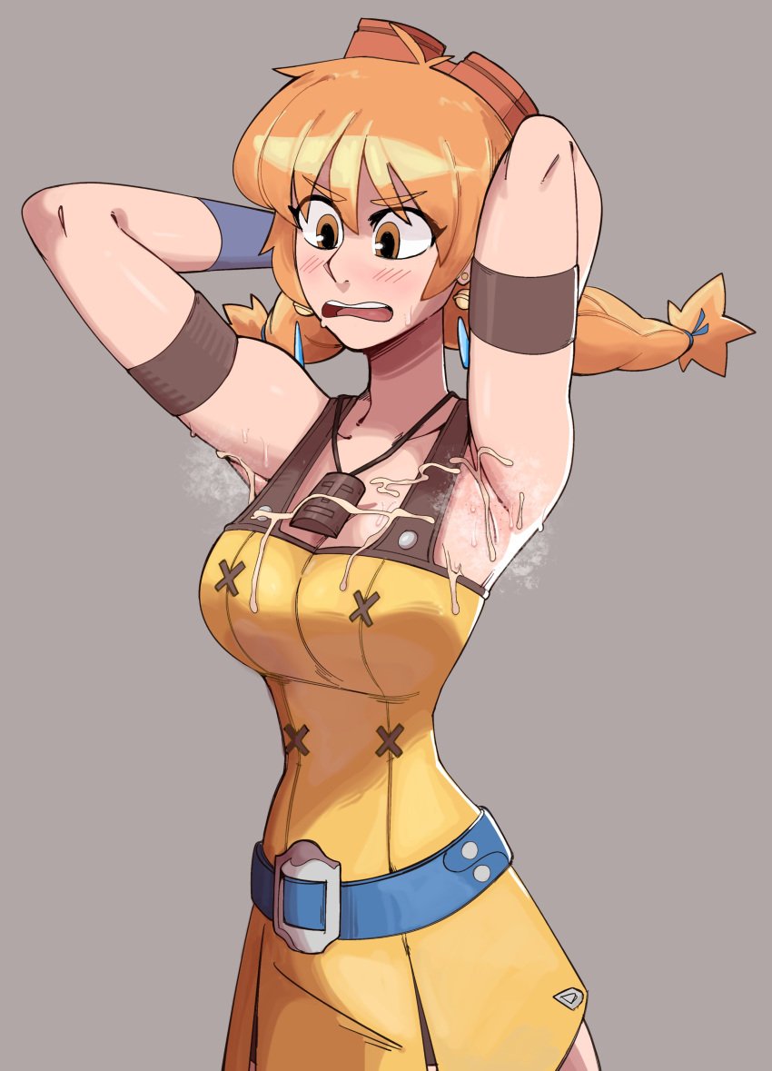 1girls aika_(skies_of_arcadia) annoyed annoyed_expression armband armbands armpit armpit_fetish armpits blush breasts cleavage cum cum_on_armpit cum_on_breasts cum_on_chest cum_on_clothes earrings goggles_on_head orange_hair ragingbarbarians sega skies_of_arcadia sweat sweatdrop sweating sweaty twin_braids