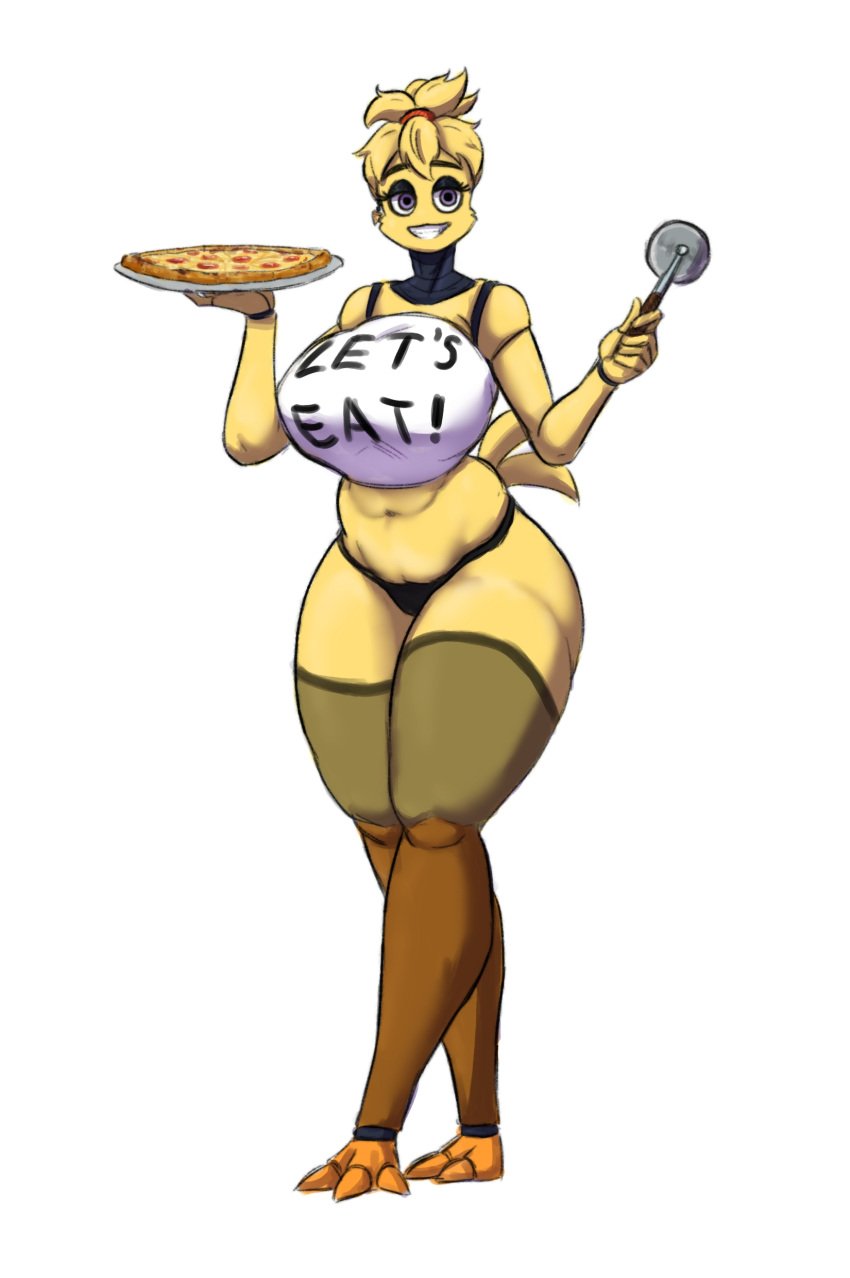 big_breasts chica_(fnaf) chicken chubby chubby_female enormous_breasts five_nights_at_freddy's gigantic_breasts huge_breasts hxveuseenmypen large_breasts panties pizza pizza_cutter robot robot_girl stockings tied_hair tied_up_hair