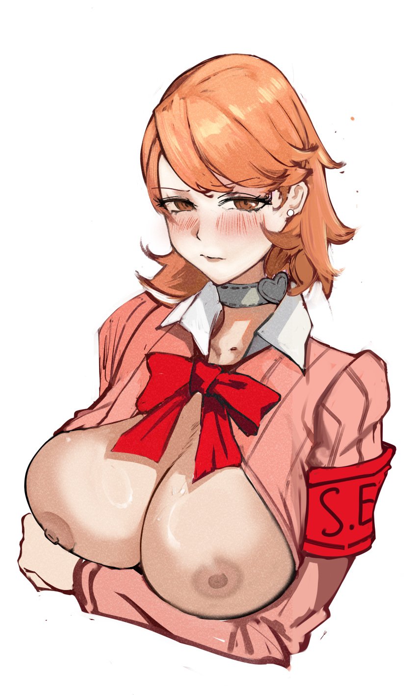 atlus breasts_out crossed_arms female flustered hi_res large_breasts looking_at_viewer nero_watch nipples open_clothes open_clothing open_shirt open_topwear persona persona_3 sega tits_out yukari_takeba