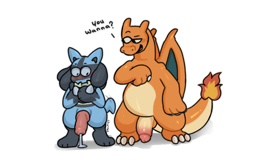 animal_genitalia animal_penis anthro blush canine_genitalia canine_penis charizard dialogue duo fallflys generation_1_pokemon generation_4_pokemon genitals humanoid_genitalia humanoid_penis knot lucario male nintendo penis pokemon pokemon_(species) simple_background standing text white_background