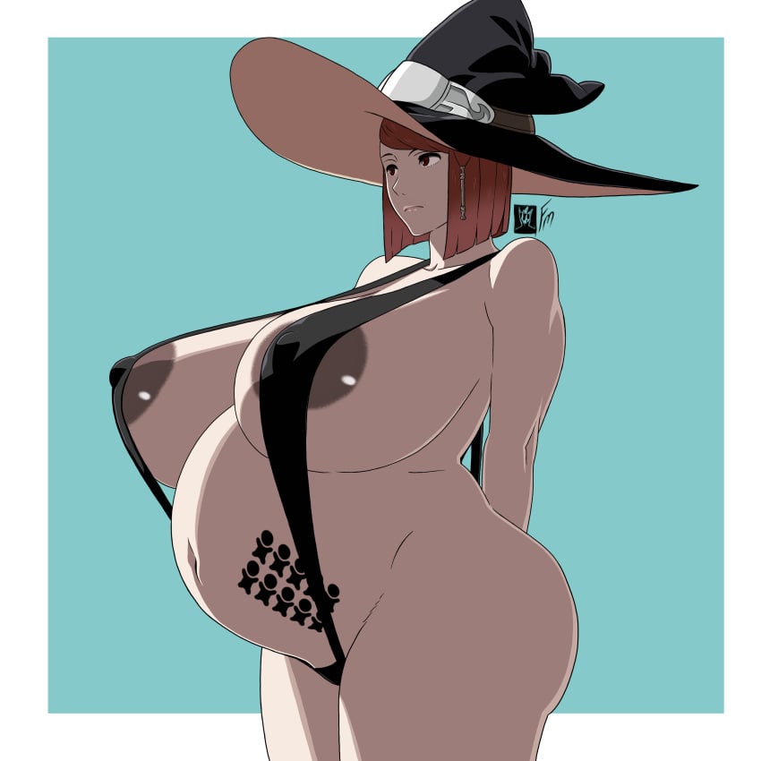 1girls areola_slip areolae arms_behind_back ass bangs bare_arms bare_shoulders bare_thighs big_ass black_one-piece_swimsuit black_swimsuit blue_background breasts collarbone covered_nipples curvy female female_only fire_emblem fire_emblem_awakening fungus-man gigantic_breasts hat huge_breasts miriel_(fire_emblem) nintendo one-piece_swimsuit pregnancy_tally pregnant red_eyes red_hair revealing_clothes short_hair shoulders sideboob simple_background slingshot_swimsuit solo stomach_tattoo swimsuit tattoo thick_thighs thighs voluptuous witch_hat