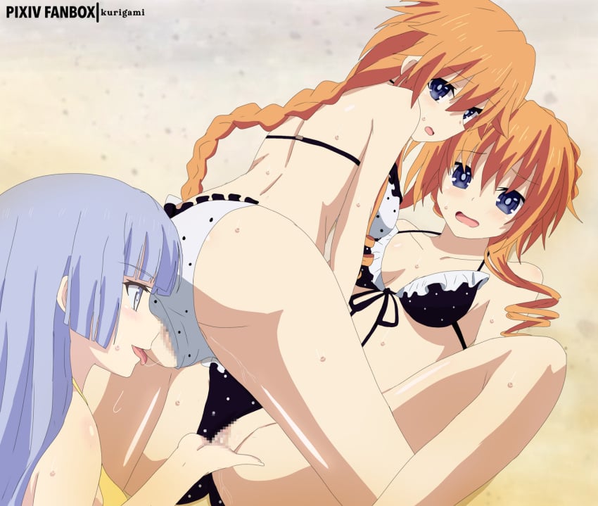 3girls ass beach bikini breasts date_a_live female_only fingering_pussy grey_eyes grey_hair izayoi_miku lesbian_sex licking_pussy light-skinned_female long_hair multiple_girls orange_hair thighs twins yamai_kaguya yamai_yuzuru yuri