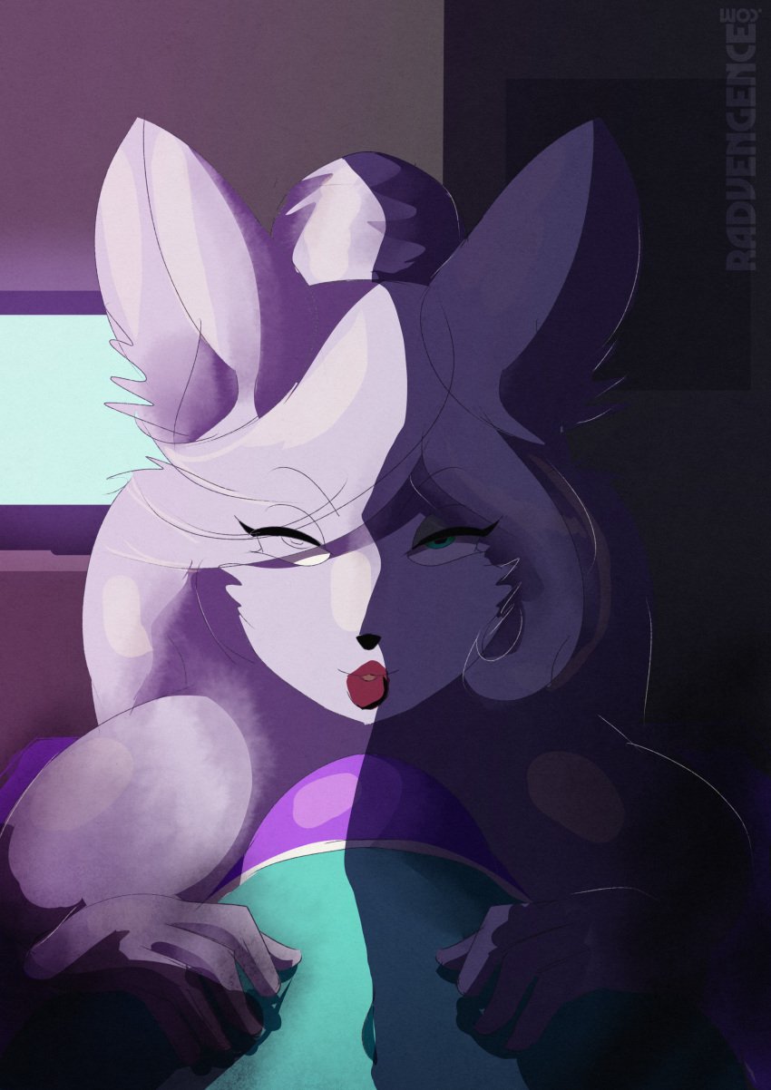 absurd_res ambiguous_gender anthro big_breasts breasts bulge canid canine canis clothing duo female fur hair hair_bun hi_res huge_breasts lipstick makeup mammal radvengence red_lipstick thong underwear white_body white_fur white_hair wolf