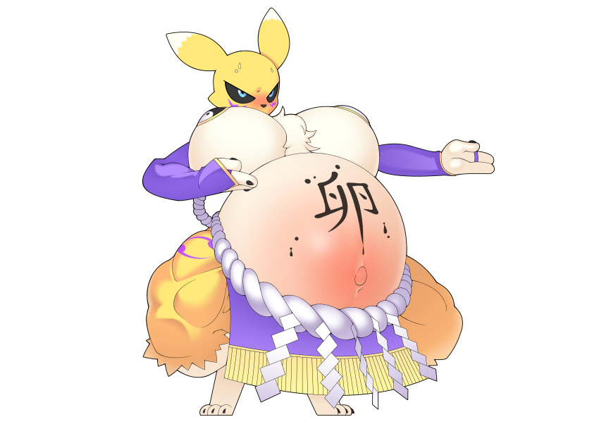 absurd_res bandai_namco big_breasts blush bodily_fluids body_writing breasts digimon digimon_(species) female furry furry_only hi_res huge_breasts hyper hyper_pregnancy ink pasties pr-egg-nant pregnant pregnant_female renamon solo sumo sumo_wrestler sweat text translated