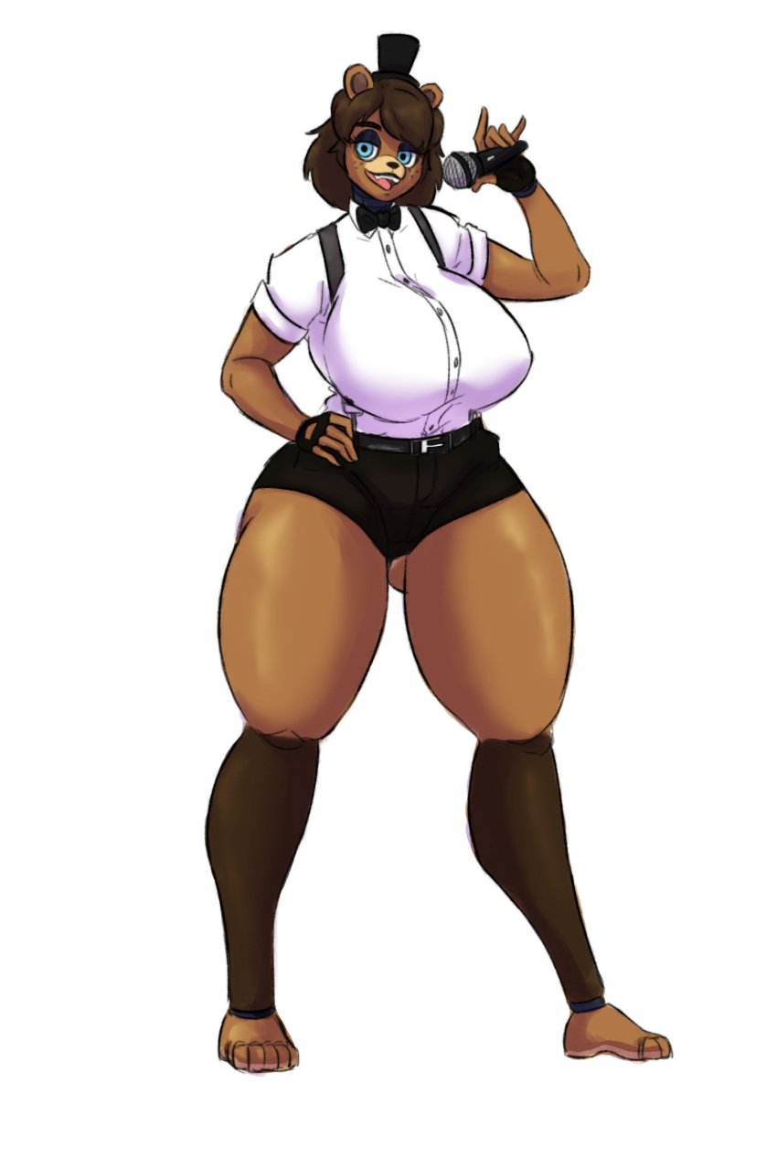 big_breasts booty_shorts bowtie collared_shirt enormous_breasts female five_nights_at_freddy's freckles freddy_(fnaf) hand_on_hip huge_breasts hxveuseenmypen large_breasts massive_breasts microphone rule_63 top_hat
