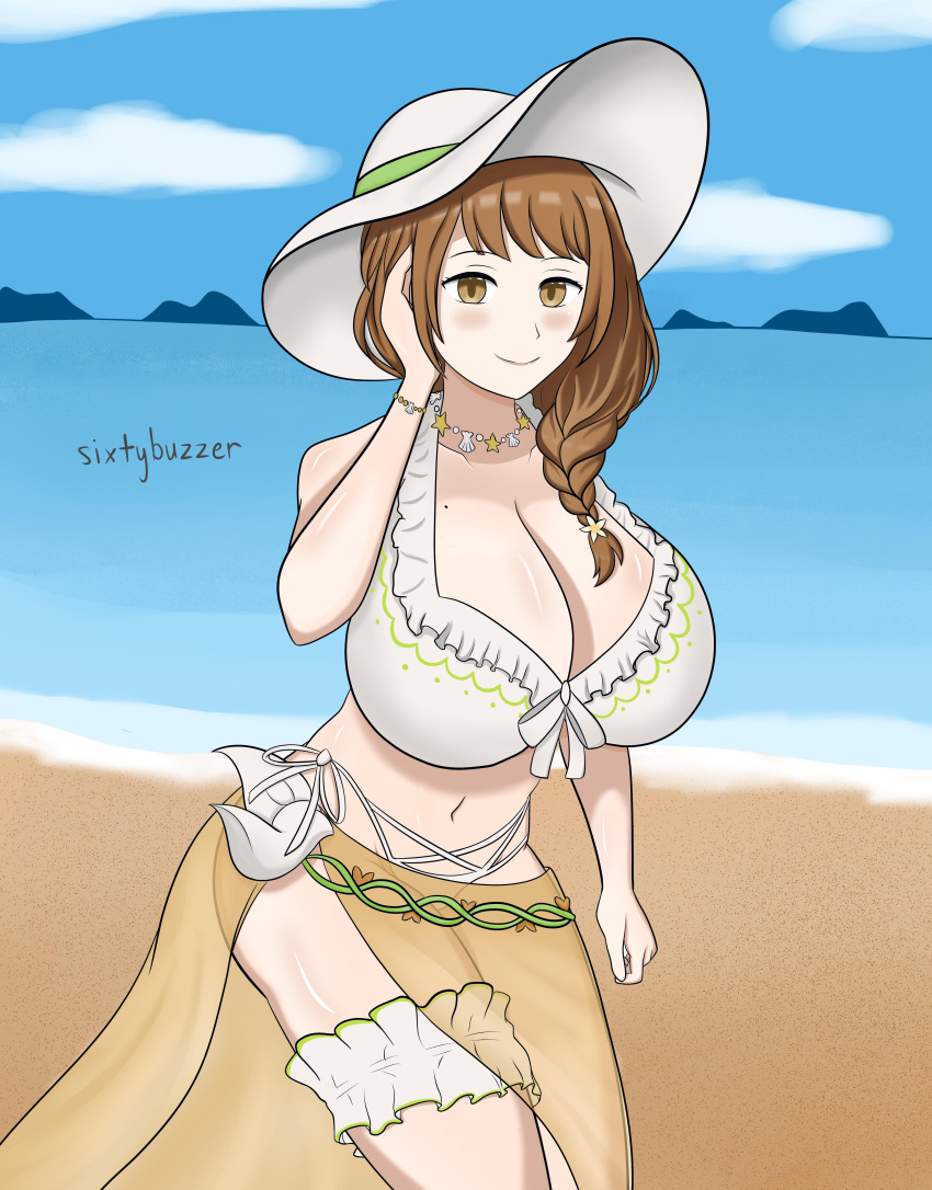 1girls alternate_costume beach beauty_mark breasts cleavage female female_only fire_emblem fire_emblem_engage fire_emblem_heroes goldmary_(fire_emblem) goldmary_(summer)_(fire_emblem) huge_breasts mole mole_on_breast nintendo official_alternate_costume sixtybuzzer solo swimsuit white_bikini white_swimsuit