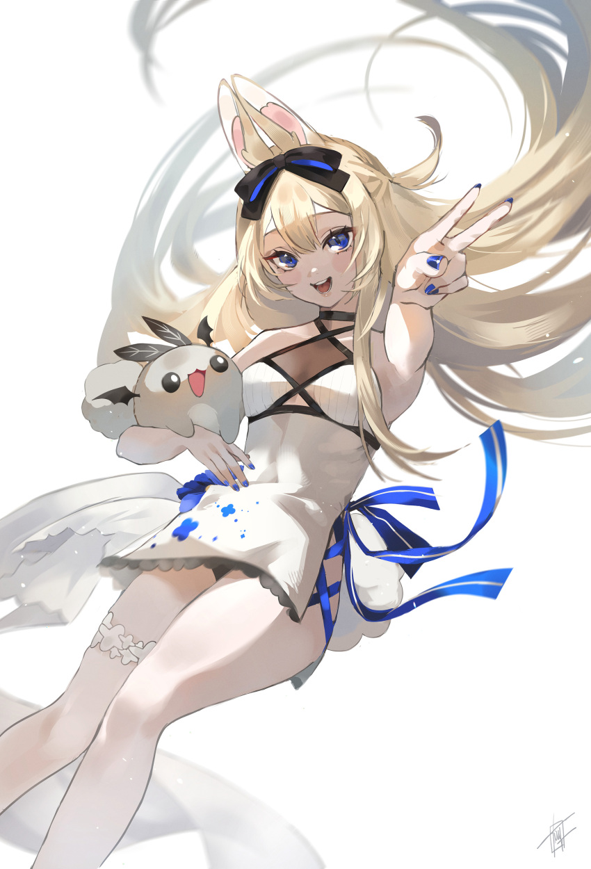 1girl :d animal_ears aqua_nails bangs bare_shoulders black_nails blonde_hair blue_bow blue_eyes blue_nails bow breasts bunny_ears bunny_girl dress female fingernails hair_between_eyes hair_bow holding_stuffed_toy long_hair looking_at_viewer multicolored_nails nail_polish open_mouth pink_nails red_nails ribbon signature small_breasts smile solo standing striped stuffed_animal stuffed_toy thigh_strap v virtual_youtuber vyugen white_background white_dress yenko