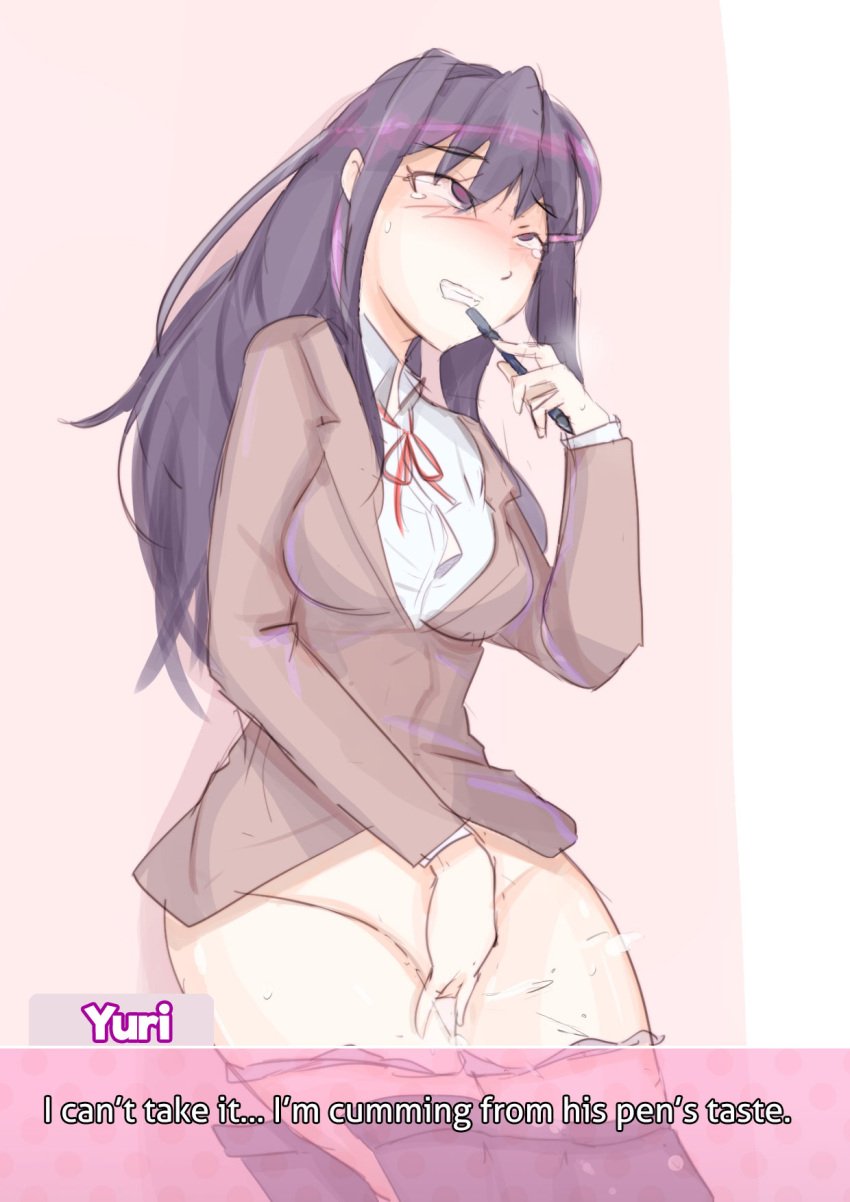 9_9bird blush cumming doki_doki_literature_club female heart-shaped_pupils looking_away looking_pleasured masturbation pen purple_eyes purple_hair semi-nudity solo yuri_(doki_doki_literature_club)