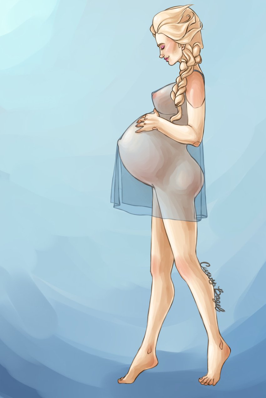 1girls ass barefoot belly big_belly blonde_hair breasts curvybagel disney elsa_(frozen) eyes_closed female frozen_(film) hyper_belly nipples nipples_visible_through_clothing outie_navel pregnant side_view translucent_clothing