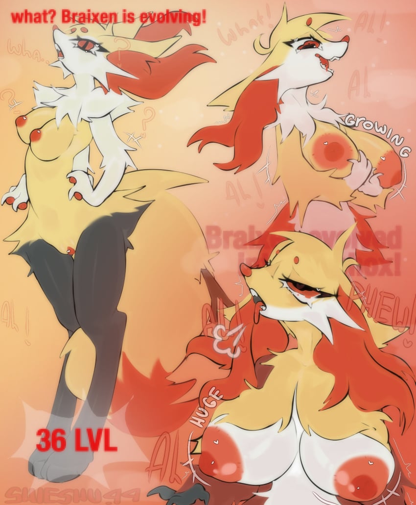 anthro areola big_breasts big_nipples big_tail braixen breast_growth breasts chest_tuft delphox ear_tuft evolving eye_roll female fluffy fluffy_tail fur generation_6_pokemon genitals gradient_background growing growth half-closed_eyes hi_res huge_breasts huge_nipples humanoid_genitalia inner_ear_fluff moan multicolored_body multicolored_fur narrowed_eyes neck_tuft nintendo nipples nude orange_nipples orange_pussy pokemon pokemon_(species) pussy shieshuqqq simple_background solo stick_in_tail tail tired tired_eyes tongue tongue_out transformation tuft yellow_body yellow_fur