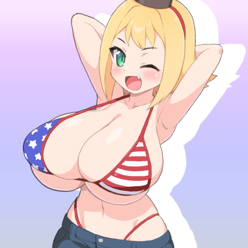 american_flag_bikini arms_behind_head arms_up big_breasts bikini bikini_top blonde_hair blush cleavage collarbone green_eyes huge_breasts looking_at_viewer oerba_yun_fang shirogane_hakuba shorts shortstack solo top_heavy wink