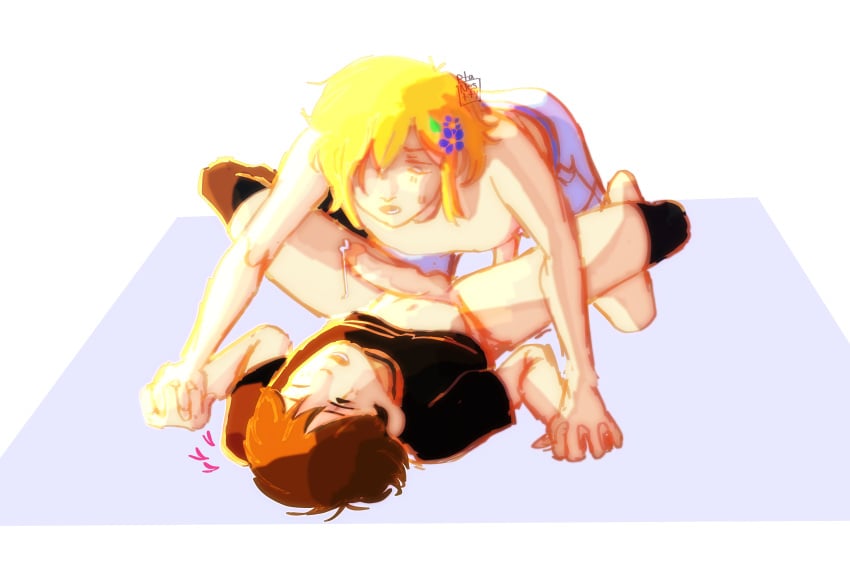 2boys basil_(omori) black_hair blonde_hair cum femboy gay omori sunflower_(omori) sunny_(omori)