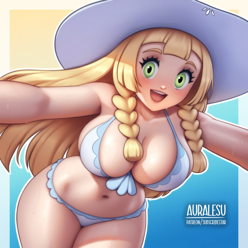 1girls ai_generated artist_logo artist_name artist_website auralesu bathing_suit big_breasts bikini bikini_bottom bikini_top blonde_female blonde_hair blonde_hair_female braided_hair digital_media_(artwork) female gamefreak girly green_eyes hi_res high_resolution highres hourglass_figure huge_breasts large_breasts lillie_(pokemon) long_hair nintendo open_eyes open_mouth open_smile oppai patreon patreon_username pokemon self_upload shortstack skindentation subscribestar subscribestar_username sun_hat swimsuit thick_hips thick_thighs twitter_username undersized_clothes very_long_hair wide_hips