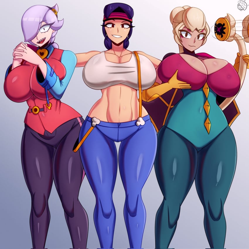 3girls bandana big_ass big_breasts big_thighs black_pants blonde_hair blue_pants brawl_stars cape charlie_(brawl_stars) clothed colette_(brawl_stars) eyelashes fang_(brawl_stars) genderswap_(mtf) gloves grabbing_from_behind grabbing_own_breast green_pants holding_own_hair light-skinned_female light-skinned_females looking_at_viewer makeup multiple_girls purple_hair red rule63 rule_63 shirt swinging_yo-yo thick_thighs tied_back_hair tied_hair tr_yithaz white_hair yo-yo