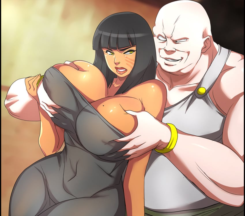 big_breasts breast_grab breast_squeeze clothed_female clothed_male dark-skinned_female dark_skin egyptian fat_man female groping_breasts groping_from_behind groping_through_clothes interracial legend_of_queen_opala male older_male osira pale-skinned_male pale_skin straight tamanegiya