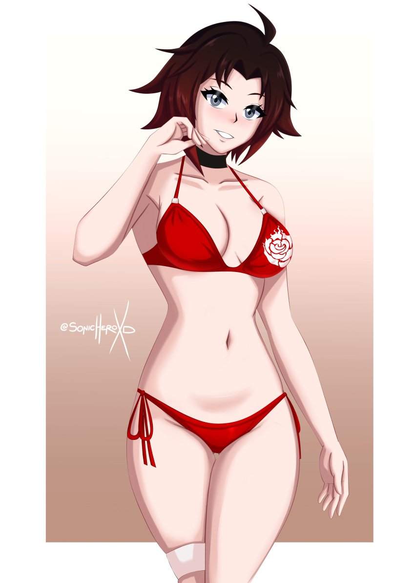 breasts female female_only looking_at_viewer ruby_rose rwby solo sonicheroxd swimsuit