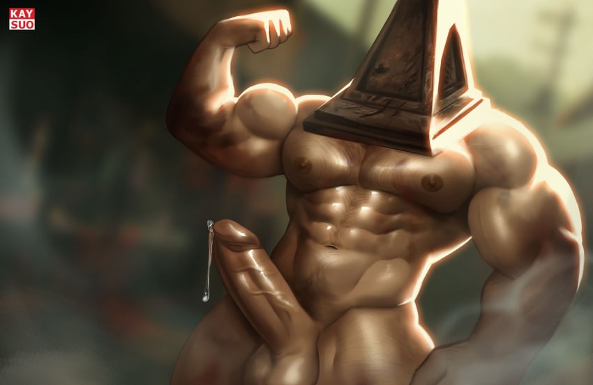 bara bara_tiddies bara_tits barazoku body_hair erection flexing flexing_arms flexing_bicep himbo huge_cock huge_muscles kaysuo male male_focus male_only mask precum precum_on_penis pyramid_head silent_hill silent_hill_2 solo_male