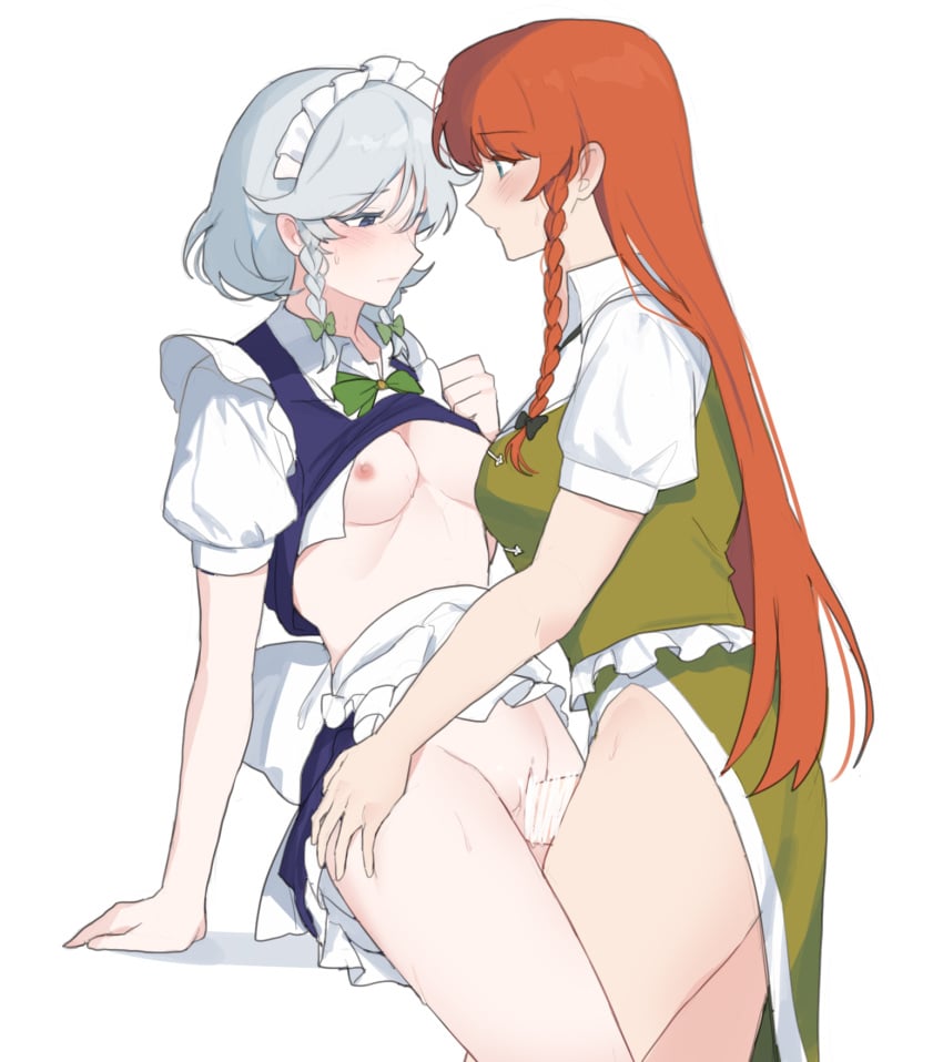 1futa 1girls apron areolae ass blue_eyes blush bow braid breasts censored china_dress chinese_clothes clothed clothing dress duo erection female futa_on_female futa_with_female futanari green_bow grey_hair highres hong_meiling human large_breasts light-skinned_female light-skinned_futanari light_skin long_hair maid maid_apron maid_headdress mostly_clothed nipples open_mouth penis protected_link pussy red_hair ribbon sakuya_izayoi sarukana sex short_hair standing touhou twin_braids vaginal_penetration waist_apron