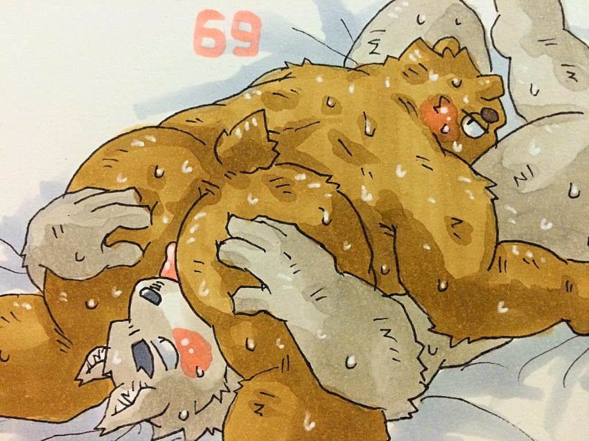 69_position anal anthro ass bear big_butt blush colored donuts72 looking_at_viewer male mammal nude oral rimming sex simple_background white_background yaoi