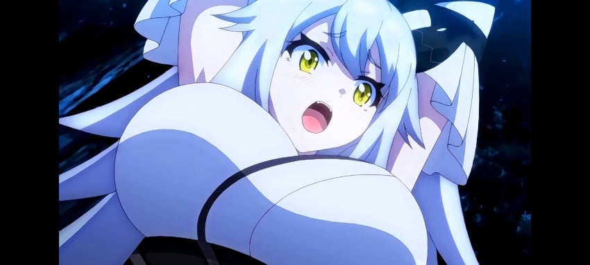 anime_screencap big_booty big_breasts hands_up hyakkiya_tantei_jimusho_hyakkiya_hikari_no_youkai_jikenbo karada_de_kaiketsu_hyakkiya_tantei_jimusho long_hair monster_girl open_mouth ova screenshot wearing_clothes white_hair yellow_eyes