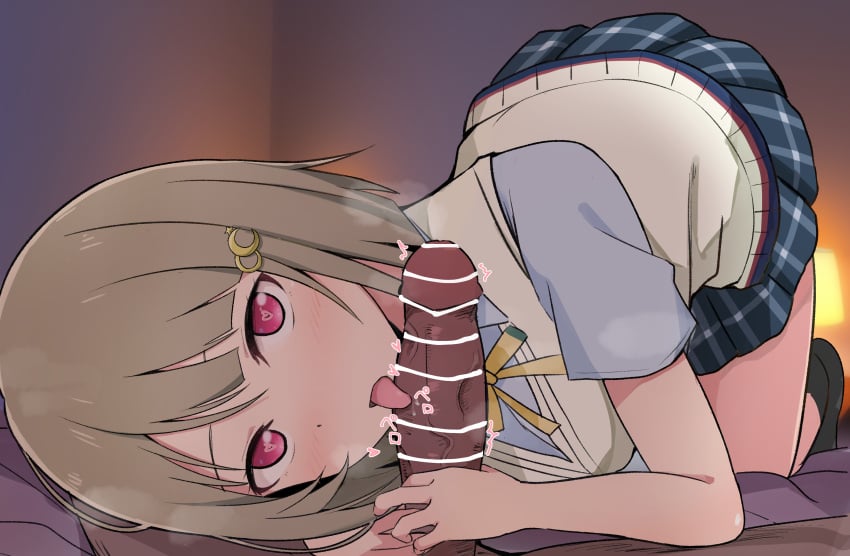 1boy absurdres bad_proportions bar_censor blue_skirt blush censored commentary_request crescent crescent_hair_ornament fellatio female grey_hair hair_ornament heart heart-shaped_pupils highres indoors looking_at_viewer love_live! love_live!_nijigasaki_high_school_idol_club nakasu_kasumi neck_ribbon nijigasaki_school_uniform oral penis pink_eyes plaid_clothes plaid_skirt pov pov_crotch ribbon school_uniform short_hair short_sleeves skirt steam straight summer_uniform symbol-shaped_pupils tongue tongue_out veins veiny_penis vest wewe yellow_ribbon yellow_vest