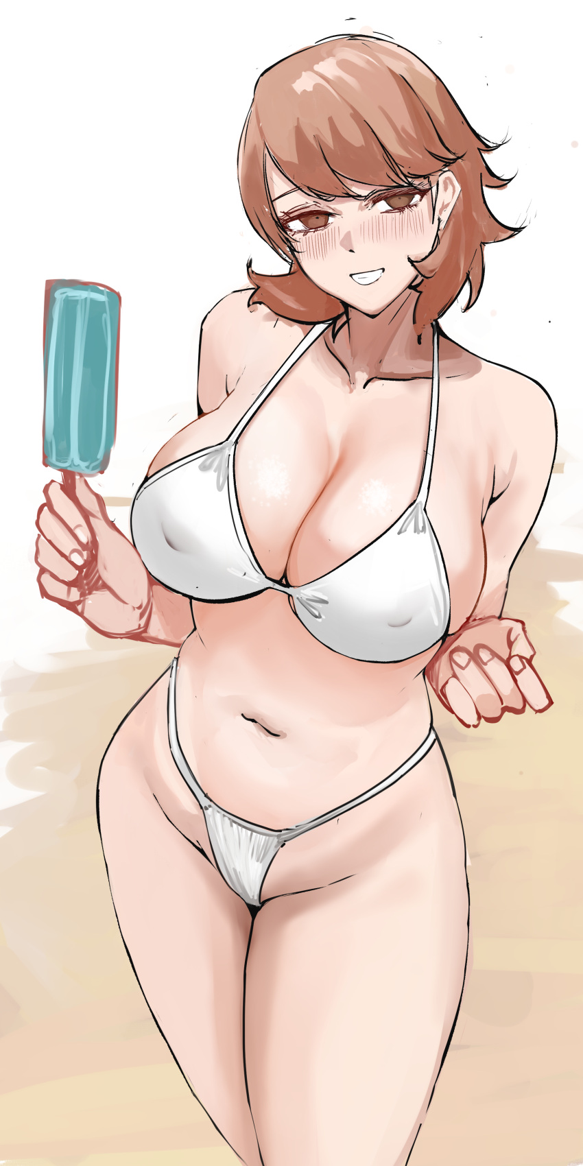 atlus bikini brown_hair female hi_res large_breasts looking_at_viewer nero_watch nipple_bulge persona persona_3 popsicle sega white_bikini yukari_takeba