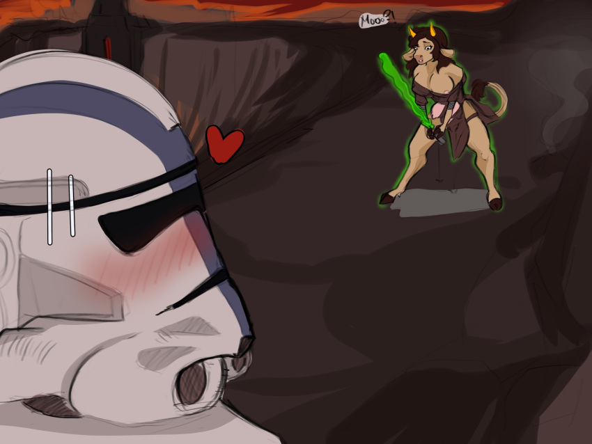 1boy 1girls 501st_clone_trooper anthro areolae background blushing_through_mask breasts clone_trooper clone_wars color cow_humanoid cowgirl crossover green_lightsaber heart_symbol star_wars transformation volcanic_setting