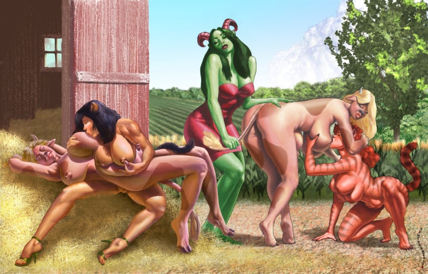 animal_humanoid anthro ass big_breasts black_hair blonde_hair bovine breast_grab breast_sucking breasts cat_humanoid clothed clothing cow_humanoid crotchboobs demon dress feline female green_hair green_skin group group_sex hair hand_on_breast horn horns humanoid mammal multi_breast nipple_suck nipples nude orange_hair pussy sex skimpy spread_legs spreading sucking synthean tail_pull teats udders yuri