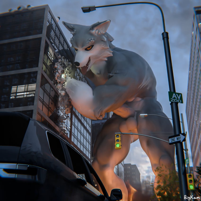 1:1 2024 3d_(artwork) anthro bigkami blender_(artwork) building building_destruction canid canine canis city city_destruction destruction digital_media_(artwork) dominant evil_grin fire genitals hi_res macro male mammal muscular muscular_anthro muscular_male mythological_canine mythological_creature mythology penis punch rampage smile smoke solo tongue tongue_out violence were werecanid werecanine werewolf wolf