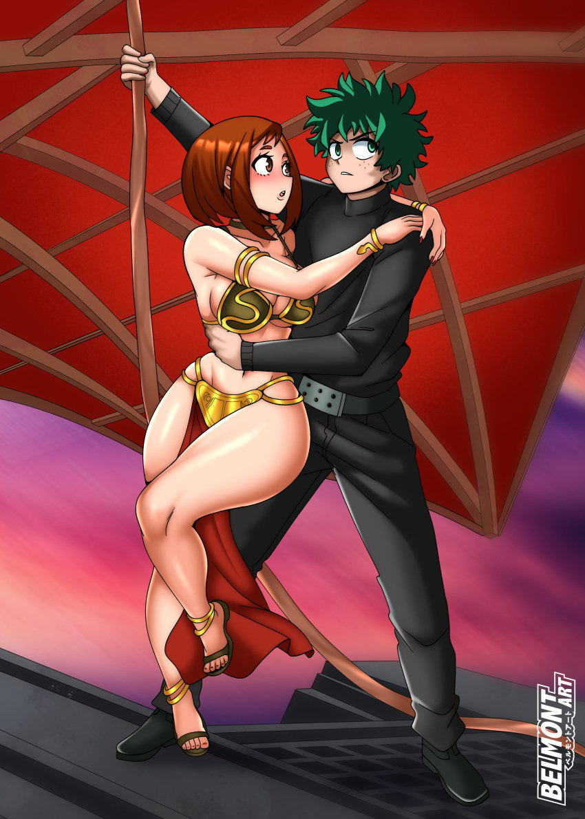 1boy 1girls belmont big_breasts brown_hair couple_(romantic) crossover damsel_in_distress freckles_on_face green_eyes green_hair holding_onto_partner holding_waist izuku_midoriya jabba&#039;s_palace luke_skywalker_(cosplay) male my_hero_academia ochako_uraraka slave_bikini slave_collar slave_leia_(cosplay) slave_outfit slavegirl star_wars thick_thighs