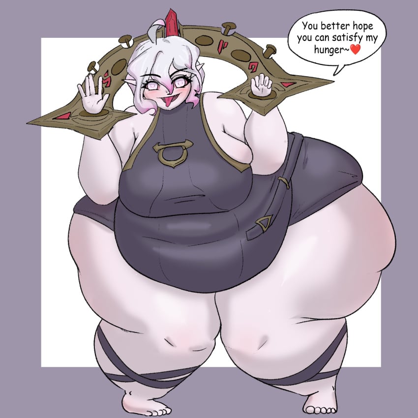 1girls bbw bottom_heavy briar_(league_of_legends) clothing dialogue duperboyprime fat female female_only gigantic_hips huge_breasts huge_hips huge_thighs league_of_legends obese overflowing_breasts overweight overweight_female solo solo_female text thunder_thighs tight_clothing weight_gain